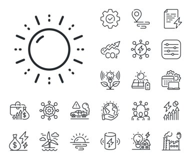 Güneş ışığı. Enerji, karbondioksit egzozu ve güneş paneli ikonları. Güneş enerjisi çizgisi simgesi. Ekoloji güç sembolü. Güneş enerjisi hattı işareti. Eko elektrik ya da rüzgar gücü ikonu. Yeşil gezegen. Vektör