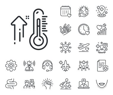 Sıcaklık tanılama işareti. Çevrimiçi doktor, hasta ve ilaç ikonları. Yüksek termometre çizgisi simgesi. Ateş ölçme sembolü. Yüksek termometre işareti. Vektör