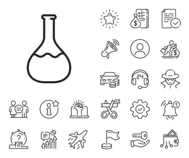 Laboratuvar matarası işareti. Maaşlı çalışan, cinsiyet eşitliği ve alarm çanı taslak simgeleri. Kimya laboratuarı ikonu. Analiz sembolü. Kimya laboratuarı işareti. Casus ya da profil tutucu simgesi. Vektör