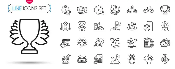 Pack Winner Star Fishing Reel Strong Arm Line Icons Include — Stock Vector