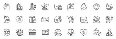 Simgeler harita, uçuş satışı ve uygulama için aşk çizgisi simgeleri arasında hava balonu, indirimli sohbet, ince ikon web seti şeklinde dondurma ana hatları yer alıyor. Arama yapbozu, indirimli afiş, bana pictogram de. Vektör