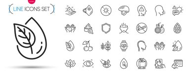 Bir paket glütensiz, kafa ve organik ürün ikonu. Yıkanmış eller, alkol yok, kiraz resimli resim ikonları dahil. Dokunma, medikal tablet, bisiklet kask işaretleri. Öksür, cilt bakımı. Vektör