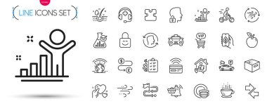 Bir paket kahve fincanı, para transferi ve tıbbi destek hattı ikonları. Ekoloji uygulamasını, taksiyi, resim simgelerini senkronize et. Tebligat arabası, rüzgar enerjisi, rüzgarlı hava işaretleri. Vektör