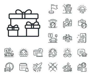 Hediye ya da indirim tabelası. Uçak jeti, seyahat haritası ve bagaj teslim ikonları. Hediye kutuları çizgisi simgesi. Doğum günü alışveriş sembolü. Hediye paketinde paket var. Sürpriz kutu işareti. Vektör