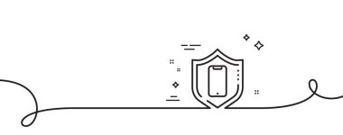 Akıllı telefon koruma hattı simgesi. Kıvrımlı tek bir çizgi. Telefon kalkanı işareti. Mobil cihaz sembolü. Akıllı telefon koruması, tek hatlı şerit. Döngü eğrisi modeli. Vektör