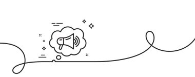 Megafon hattı simgesi. Kıvrımlı tek bir çizgi. Reklam aleti sembolü. Marka büyükelçisi konuşma balonu işareti. Megafon tek ana hatlı kurdele. Döngü eğrisi modeli. Vektör