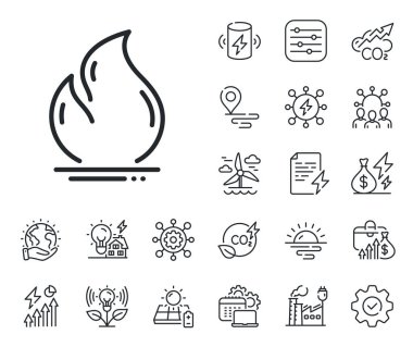 Isıtma enerjisi işareti. Enerji, karbondioksit egzozu ve güneş paneli ikonları. Enerji hattı simgesini ateşle. Sıcak alev sembolü. Enerji hattı işareti. Eko elektrik ya da rüzgar gücü ikonu. Yeşil gezegen. Vektör