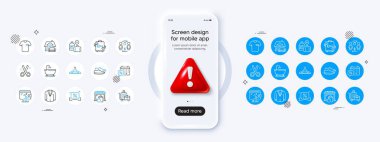 Satın alma süreci, tişört ve vestiyer çizgisi simgeleri. 3D tehlike ikonlu telefon modeli. Bir paket Market, Cüzdan, İndirimli Kurdele ikonu. Banyo, Kes, El çantası resimli tografisi ekle. Takım elbise, bagaj arabası, ayakkabılar. Vektör