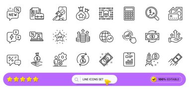 İş, para denetimi ve web uygulaması için hızlı ödeme çizgisi simgeleri. Para Paketi, Rapor Belgesi, Çevrimiçi Kredi Pictogram simgeleri. Bitcoin, dünya istatistikleri, yeni işaretler. Para değişimi. Arama barı. Vektör