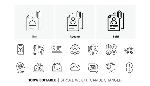 stock vector 360 degree, Reminder and Settings gear line icons. Pack of Swipe up, Electronic thermometer, Telemedicine icon. Gear, Time management, Money currency pictogram. Stress. Line icons. Vector