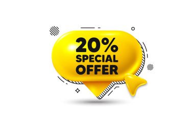 Konuşma kabarcığı 3d simgesine tıklayın. Yüzde 20 indirim teklif etiketi. İndirimli reklam tabelası. Özel teklif sembolü. İndirimli sohbet teklifi. Konuşma balonu pankartı. Mesaj kutusu balonu. Vektör