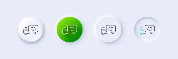 スマイルラインアイコンでメッセージスピーチバブル ネオルフィック グリーン勾配 3Dピンボタン 感情のサイン ラインアイコン アウトラインサイン付きネオルフィックボタン ベクター — ストックベクタ
