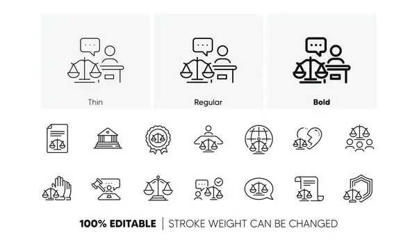 Stock vector Lawyer, Scales of Justice and Judge. Court line icons set. Hammer, Law and Petition document set icons. Judgment, justice, court injunction. Gavel judge hammer, rulings, presiding officer. Vector