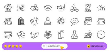 Domuz kumbarası, Onaylanmış ve Zaman çizelgesi simgeleri web uygulaması için. Kimya laboratuvarı, akıllı telefon, siber saldırı ikonları. E-bisiklet, gülümseme, araba şarj tabelaları. Para, Yoga, Yıldızlar. Arama barı. Vektör