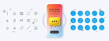 3D sohbet simgesiyle telefon modeli. Espresso, yemek pişirmeyi ve yemek siparişi vermeyi seviyorum. Bir paket bedava glüten, kahve, Doppio ikonu. Kaşık, Brezilya fındığı, cappuccino piktogram. Vektör