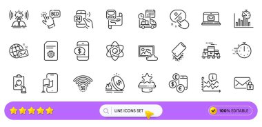 İndirim düğmesi, telefon ödemesi ve web uygulaması için foto bulut çizgisi simgeleri. Teklif paketi, teftiş, kutular palet resim simgeleri. Teslimat, e-posta, güvenli posta tabelaları. Zamanlayıcı. Arama barı. Vektör