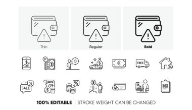 Ücretsiz teslimat, Öğretmen ve İş Dünyası hedef satırı simgeleri. Ödeme yöntemi, kredi evi, indirimli balon ikonu. Pano, cüzdan, para vergisi resmi. Park ücreti, muhasebe. Vektör