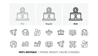 Sanal sunum, video konferansı, canlı sohbet simgeleri. Çevrimiçi buluşma hattı simgeleri. Takım videosu, dijital eğitim, online sunum. Canlı Webinar, Uzak Takım Konferansı, Sanal Çalışma. Vektör