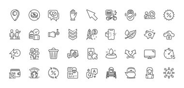 Takım çalışması, zor stres ve zaman çizelgesi simgeleri yükleniyor. Al, Soru ve Cevap, Harita iğne simgeleri. İndirim, Siber saldırı, El Ağı simgesi. Çaydanlık, Kavşak okları, grafik grafiği. Vektör