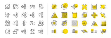 Termometre, vücut ısısını kontrol et, ateş kontrolü yap. Şekil elementleri tasarla. Sıcaklık çizgisi simgeleri. Coronavirus kontrolü, grip kontrolü, hastalık kontrol çizgisi ikonları. Vektör