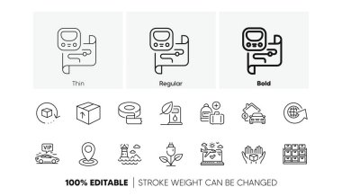 Yapışkan bant, el çantası ve uçak seyahat çizgisi simgeleri ekle. Paket ev şarjı, benzin istasyonu, konum simgesi. Deniz feneri, çevre gücü, dönüş paketi. Vip transferi, Paket. Vektör