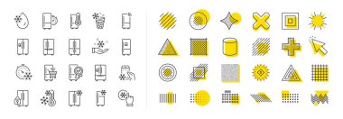 Buzdolabı, buzdolabı deposu, akıllı buzdolabı makinesi. Şekil elementleri tasarla. Buzdolabı çizgisi simgeleri. Buzlu su, soğutucu kutusu, termometre simgeleri. Vektör