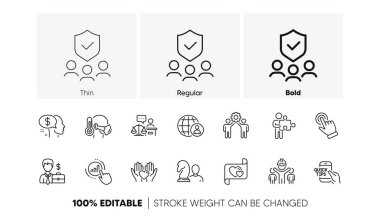 Kalbini tut, İşadamı davası ve Uluslararası işe alım çizgisi simgeleri. Bir paket bulmaca, çalışanlar takım çalışması, grafik çizelgesi simgesi. Öde, hasta adam, satranç resmi. Aşk mektubu, mahkeme yargıcı. Vektör