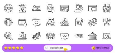 Web uygulaması için baloncuk, Seo analizi ve maaş çizgisi simgeleri. Uluslararası uçuş paketleri, çalışanlar takım çalışması, destek danışmanı resim ikonları. Araba kiralama, dizüstü bilgisayar sigortası, sıralama tabelaları. Vektör