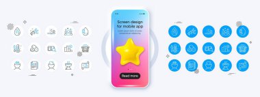 Özgeçmiş belgeleri, Stres ve Kömür tramvay hattı ikonları. 3D yıldız ikonuyla telefon modeli. Bir paket Ole şarkısı, azalan grafik, tıbbi uyuşturucu ikonu. Termometre, arama kitabı, nötr piktogram. Vektör