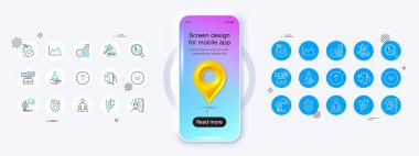 3D harita simgesi olan telefon modeli. İş portföyü, Geçiş ve Liderlik çizgisi simgeleri. Bir paket Şimşek, Yoga, Sadakat Yıldızı ikonu. Güvenlik istatistikleri, anket, işe alım resimleri. Vektör