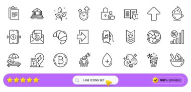Web uygulaması için gülümse, Lock and Salad line simgeleri. Kullanım kılavuzu paketi, yükleme, giriş simgeleri. Bitcoin, bitki sulama, kahve fincanı tabelaları. 5 gramlık kablosuz ağ, omuz askısı, buz makinesi. Vektör