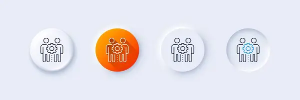 stock vector Employees teamwork line icon. Neumorphic, Orange gradient, 3d pin buttons. Collaboration sign. Development partners symbol. Line icons. Neumorphic buttons with outline signs. Vector