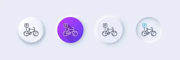 自行车停放线图标 无定形 紫色渐变 3D销按钮 自行车停车场的标志 公共交通的象征 线条图标 带有轮廓符号的形状纽扣 — 图库矢量图片