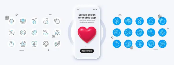 Kalp Ikonlu Telefon Modeli Çilek Kiraz Yaprak Çizgi Ikonları Bitki — Stok Vektör