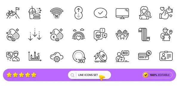 stock vector Online auction, Computer and Mountain bike line icons for web app. Pack of Swipe up, Id card, Cloud computing pictogram icons. Repairman, Delivery man, Like signs. Vitamin k, Lgbt. Search bar. Vector