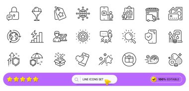 İnsanlar sohbet ediyor, Hız göstergesi ve web uygulaması için Şemsiye satırı simgeleri. Telefon sigortası, sadakat etiketleri, resim ikonları. Para, el çantası yok, kilit işaretleri. Başarı işi. Arama barı. Vektör