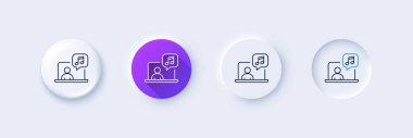 Müzik çizgisi simgesi. Neumorfik, mor gradyan, 3 boyutlu iğne düğmeleri. Stüdyo kayıt tabelası. Ses sembolünü dinle. Satır simgeleri. Taslak işaretli neumorfik düğmeler. Vektör