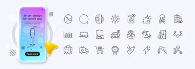Güç, Ateş enerjisi ve web uygulaması için Şampanya cam hat simgeleri. Telefon modelleme gradyan ekranı. Para paketleri, kimyasal tehlikeler, küresel iş ikonları. Vektör