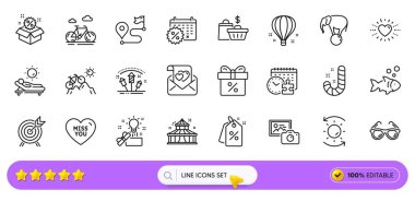 Şeker, yaratıcı fikir ve web uygulaması için bulmaca zaman çizelgesi simgeleri. İndirimli etiketler, kalp, güneş koruma ikonları. Güneş gözlüğü, indirimli teklif, pankartlar. Fil topta. Vektör