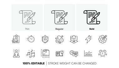 Tarafsız, Ürün bilgisi ve Anlaşma belgesi simgeleri. Bir paket yoga, paket boyutu, bakır mineral ikonu. Zamanlayıcı, hızlı ipuçları, artırılmış gerçeklik çizelgesi. Ticari bilgi şeması, müzik, güç. Vektör