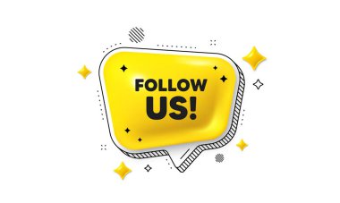 Bizi takip et. Konuşma balonu 3D simgesi. Özel teklif işareti. Süper teklif sembolü. Sohbet mesajımızı takip et. Çizgili konuşma balonu pankartı. Sarı mesaj balonu. Vektör