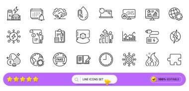 Web uygulaması için bilgilendirme, geri bildirim ve istatistik satırı simgeleri. Bir paket karbondioksit gazı, bulmaca, manuel doktor ikonu. Framework, Recovery laptop, zaman işaretleri. Bilgi şeması, güç, pil. Vektör