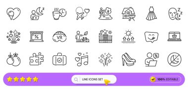 Ayakkabılar, leziz gülümseme ve web uygulaması için ev ızgara hattı simgeleri. Bir paket uyku, otel, uykusuzluk ikonları. Bagaj, kahve molası, bulmaca işaretleri. Elbise, balık tutma yeri, havai fişekler. Vektör