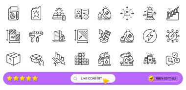 Web uygulaması için karton kutu, palet kutusu ve teknik algoritma satırı simgeleri. Toptan envanter, binalar, kutu resimli resim ikonları. Güneş paneli, yenilenebilir güç. Arama barı. Vektör