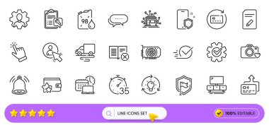 Teslimat güzergahı, Reddet kitabı ve web uygulaması için Profesyonel satır simgeleri. Bir paket Kart, Zamanlayıcı, Kalkan resim simgeleri. Kullanıcı, Dağıtım, Sadakat programı işaretleri. Yenileme kartı, fikir, çan alarmı. Vektör