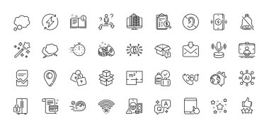 Kilitler, selfie çubuğu ve yenilenebilir güç hattı simgeleri. Al, Soru ve Cevap, Harita iğne simgeleri. Konuşma balonu, konuşma balonu, manuel ağ simgesi. Hız göstergesi, ödeme kartı, sessiz resim. Vektör