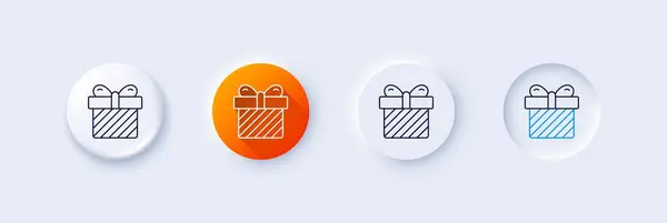 Gift Box Line Icon Neumorphic Orange Gradient Pin Buttons Present — Stock Vector