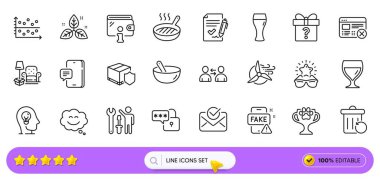 Web uygulaması için Web 'i Reddet ve Yemek Karıştırma simgelerini kilitle. Bir paket şarap kadehi, adil ticaret, teslimat sigorta ikonları. Kazanan kupa, Dot arsası, Tamirci imzası. Gülümse. Arama barı. Vektör