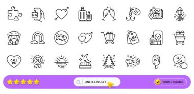 Web uygulaması için indirim etiketi, dondurma ve bulmaca çizgisi simgeleri. İndirim düğmesi, Havai fişekler, Gökkuşağı resim simgeleri. GPS, indirimli megafon, indirimli tabela. Balık tutmayı bırak, alışveriş arabası. Arama barı. Vektör