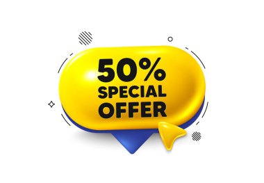 Konuşma balonu 3D simgesini teklif et. % 50 indirim teklif etiketi. İndirimli reklam tabelası. Özel teklif sembolü. İndirimli sohbet teklifi. Konuşma kabarcığı imleç pankartı. Mesaj kutusu balonu. Vektör